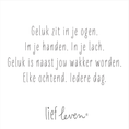 Load image into Gallery viewer, Lief Leven tegeltje met de tekst “Geluk zit in je ogen. In je handen. In je lach. Geluk is naast jou wakker worden.” op wit keramiek, 10,5 × 10,5 cm, poëtisch en liefdevol ontwerp.