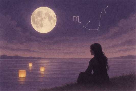 Waterverfschildering van een vrouw die in stilte aan de oever van een meer zit tijdens een volle maan. De maan weerspiegelt in het kalme water, waarin ook drie verlichte lantaarns drijven. De lucht is paarsblauw en straalt rust uit, met in de verte zachte