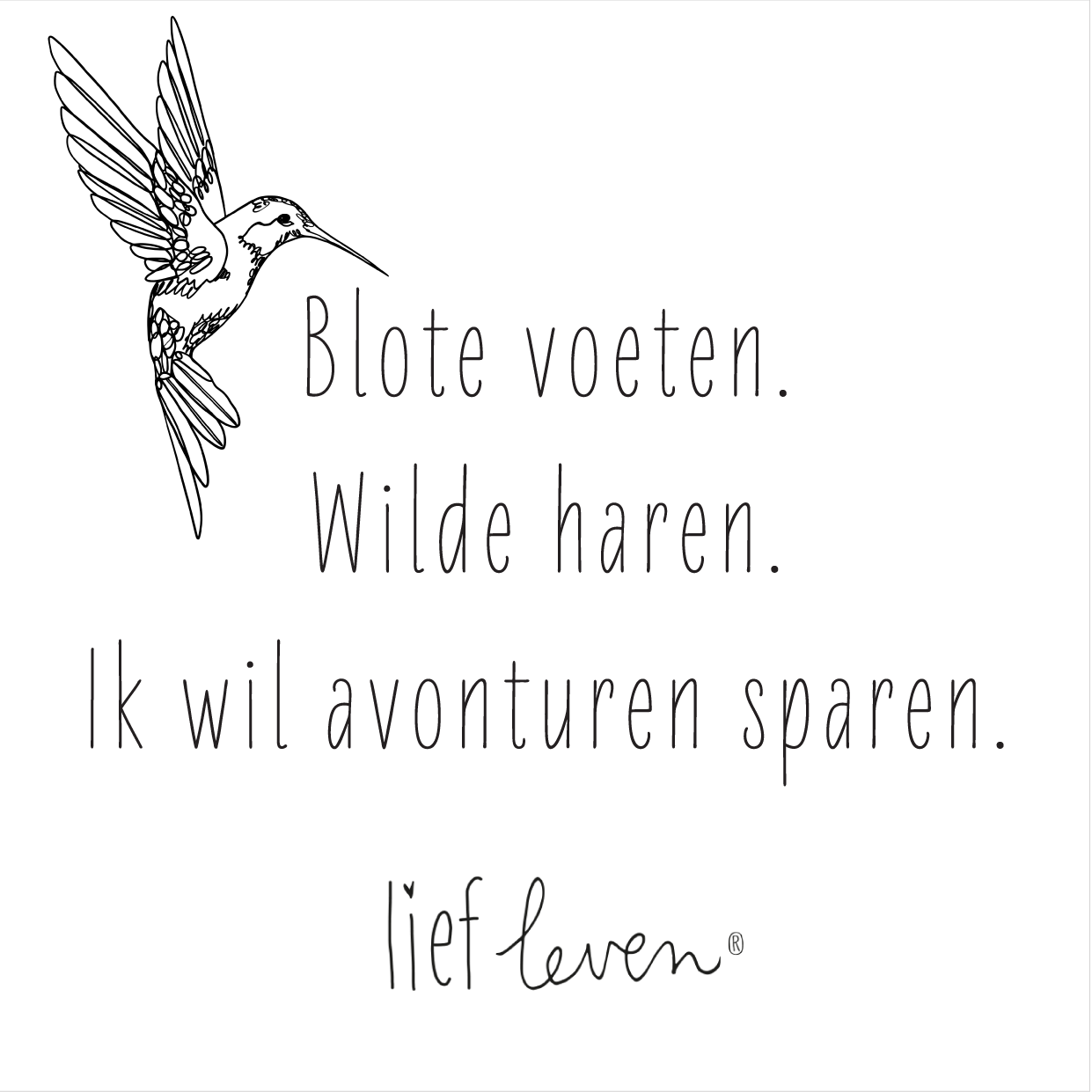 Lief Leven tegeltje met de tekst “Blote voeten. Wilde haren. Ik wil avonturen sparen.” en lijnillustratie van een kolibrie, 10,5 × 10,5 cm, speels en vrij ontwerp.