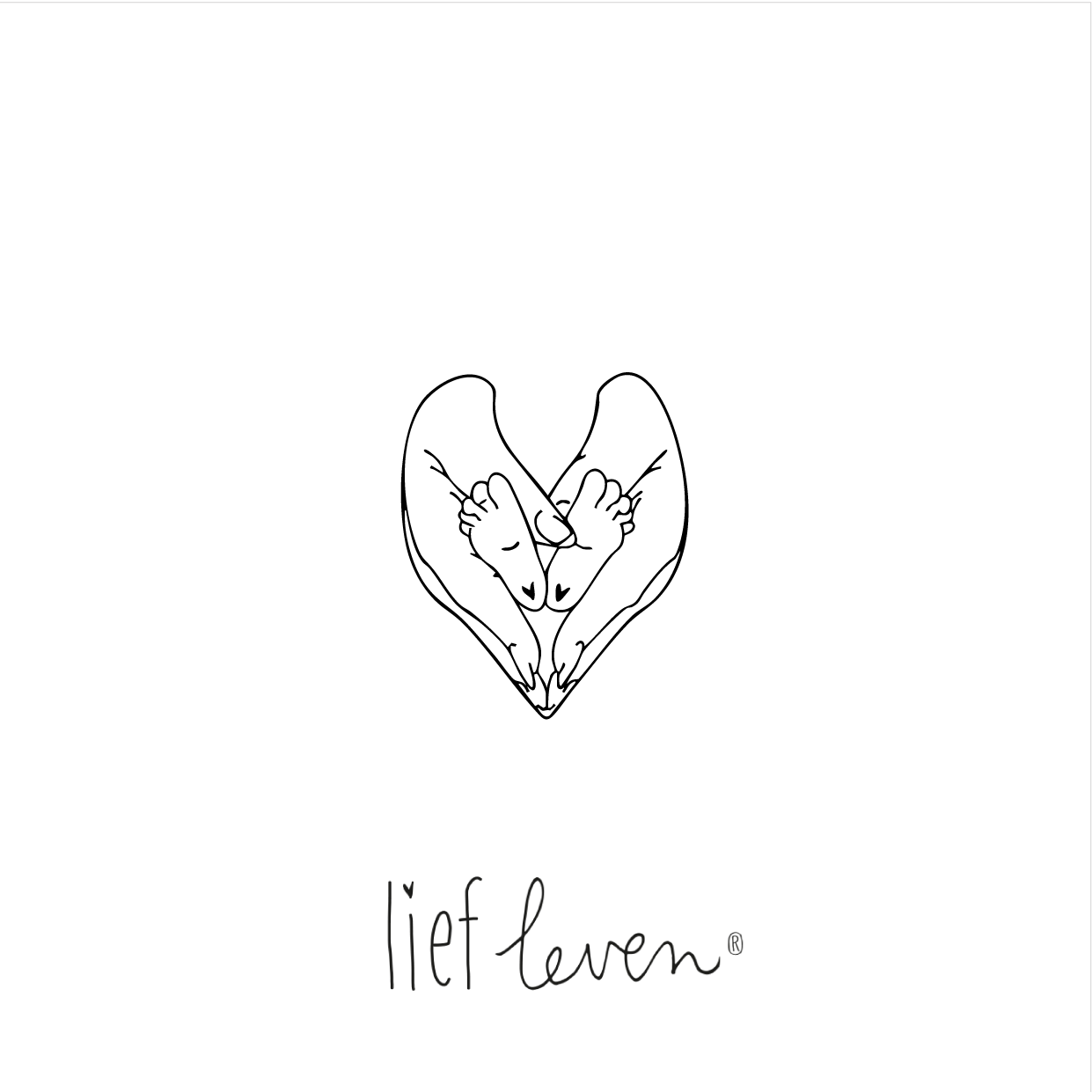 Lief Leven tegeltje met lijntekening van handen die babyvoetjes vasthouden in de vorm van een hart, op wit keramiek, liefdevol en teder design.
