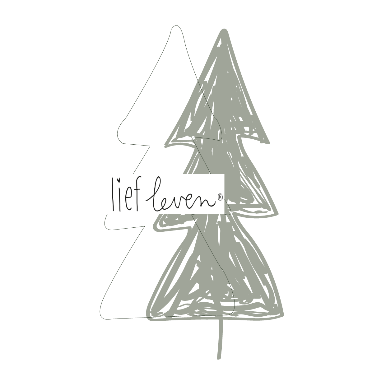 Lief Leven tegeltje met illustratie van twee groene dennenbomen op wit keramiek, 10,5 × 10,5 cm, minimalistisch kerstontwerp vol rust en warmte.