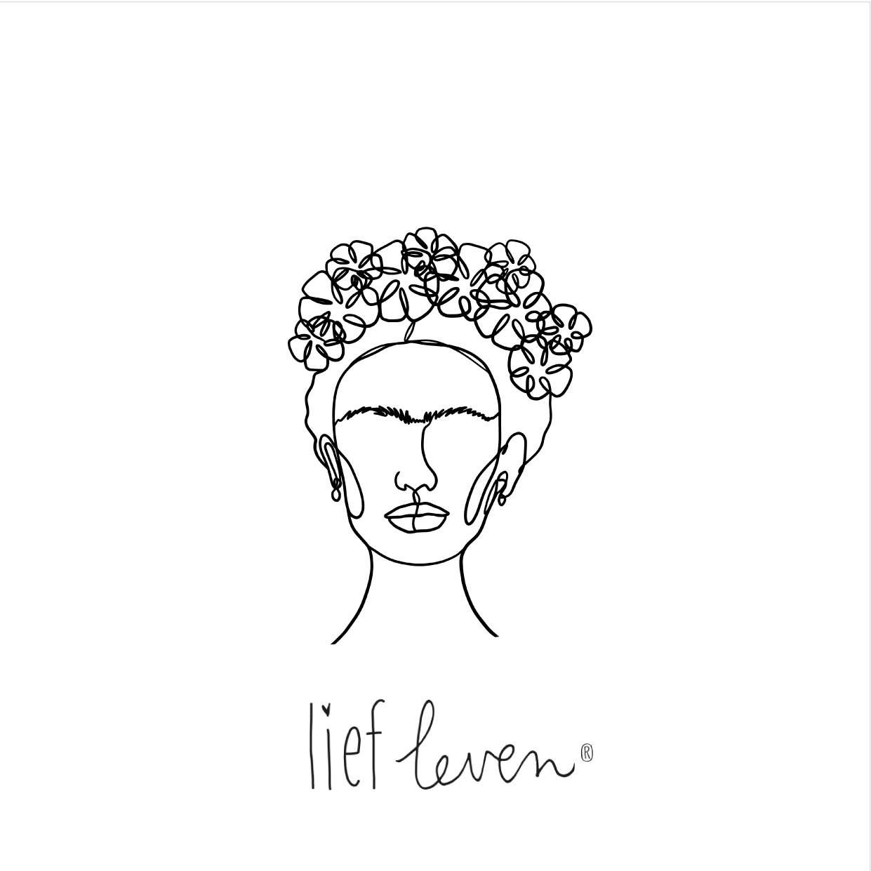 Lief Leven tegeltje met lijntekening van vrouw met bloemen in haar, 10,5 × 10,5 cm, artistiek en vrouwelijk ontwerp op glanzend keramiek.