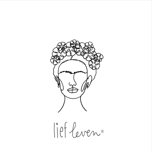 Lief Leven tegeltje met lijntekening van vrouw met bloemen in haar, 10,5 × 10,5 cm, artistiek en vrouwelijk ontwerp op glanzend keramiek.