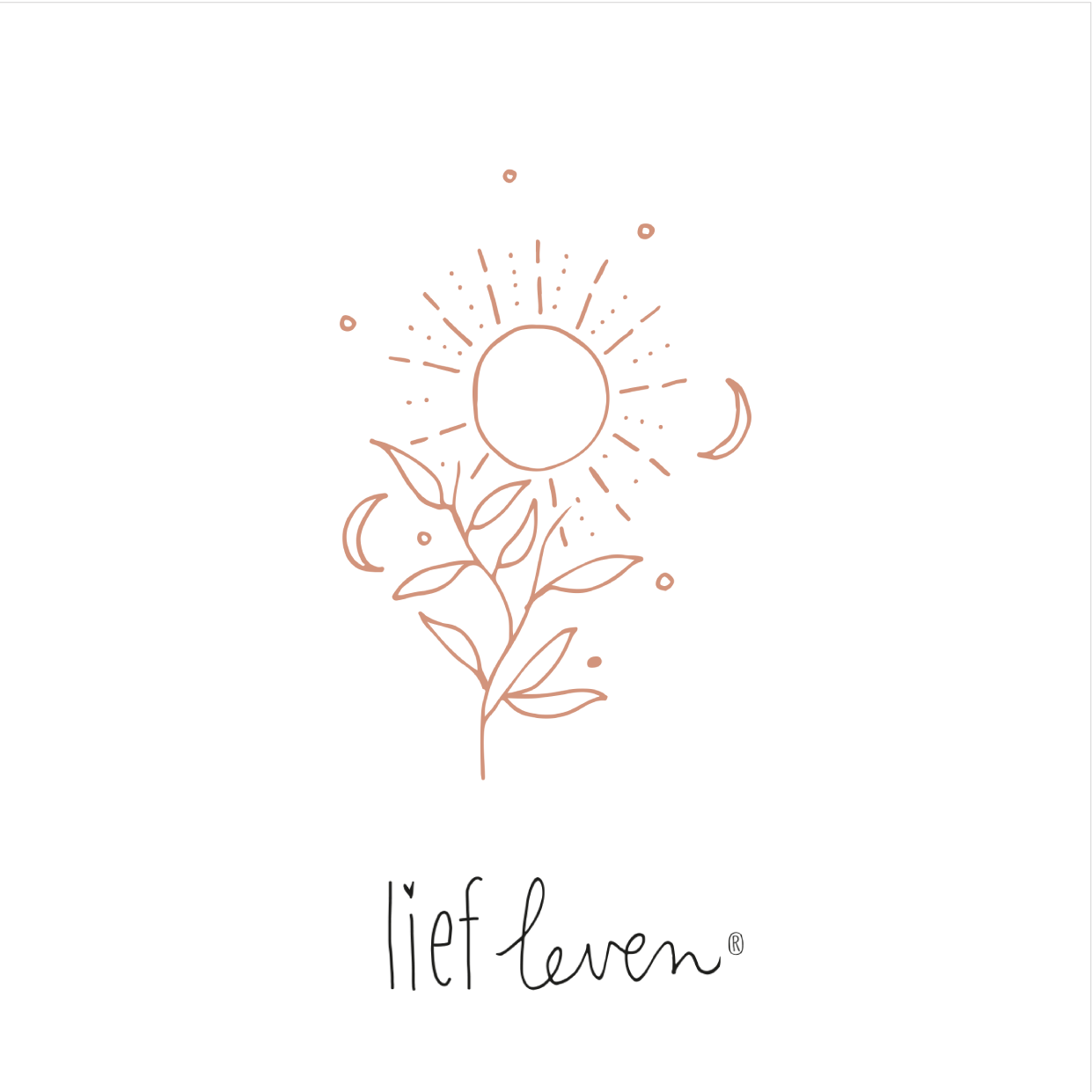 Lief Leven tegeltje met illustratie van zon, maan en bladeren in zachte lijnstijl, 10,5 × 10,5 cm, keramiek met glanzende afwerking, rustgevend en mindful ontwerp.