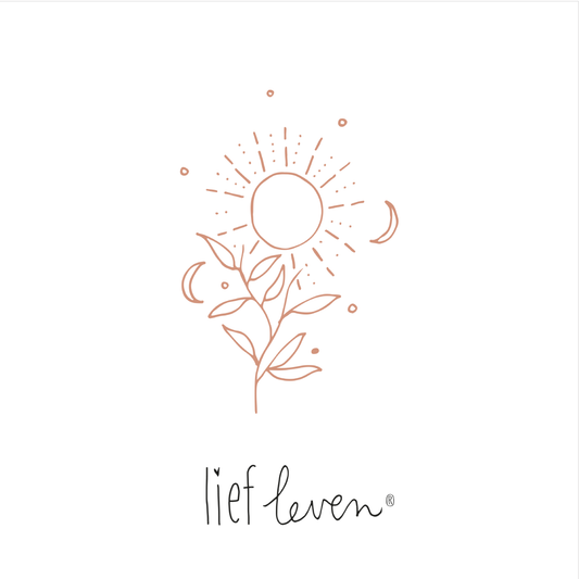 Lief Leven tegeltje met illustratie van zon, maan en bladeren in zachte lijnstijl, 10,5 × 10,5 cm, keramiek met glanzende afwerking, rustgevend en mindful ontwerp.